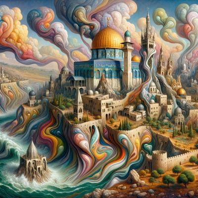 The primary subject of the image is a colorful, whimsical painting of a city with a castle-like structure. The setting is a fantasy world with a castle, a dome, and a bridge. The visual style is a mix of digital art and illustration, creating a vibrant and imaginative atmosphere. The colors and mood are predominantly bright and cheerful, with a sense of wonder and creativity.